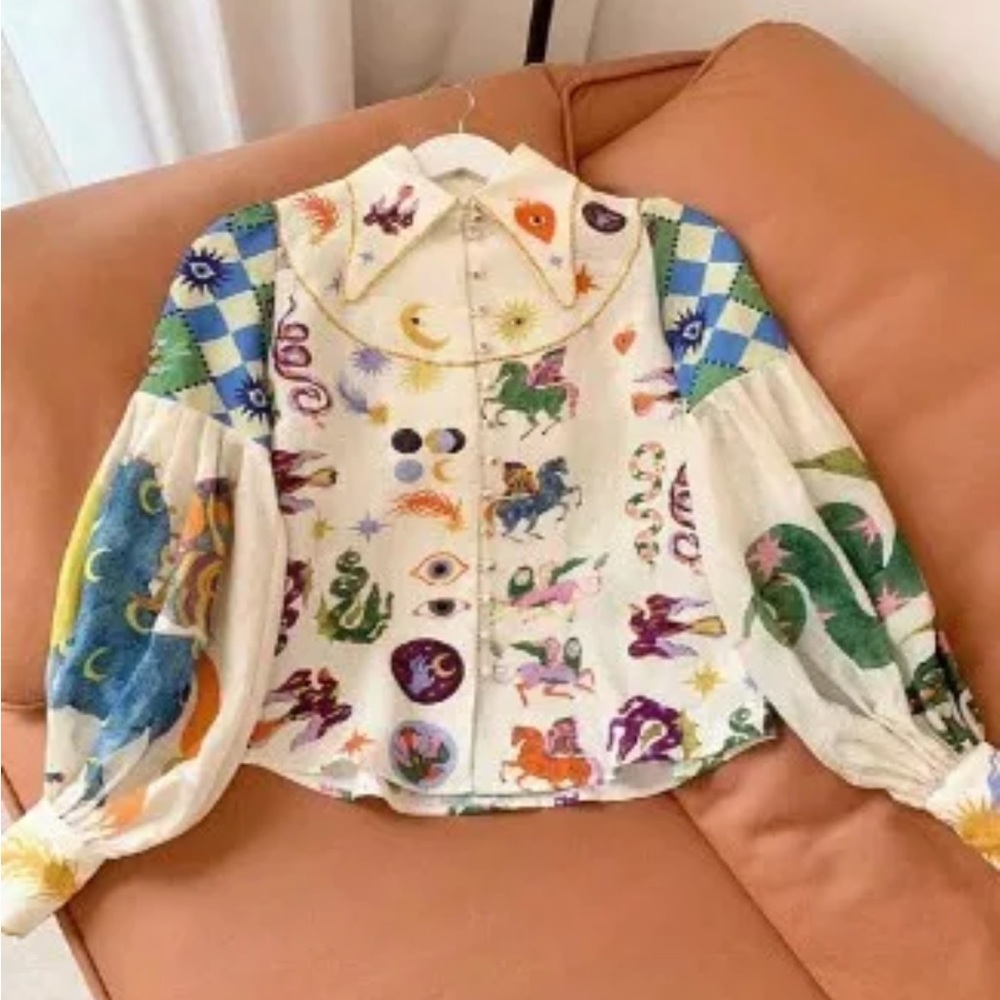 Whimsical Zodiac Print Cream Button-Up Blouse - Picture 7 of 7